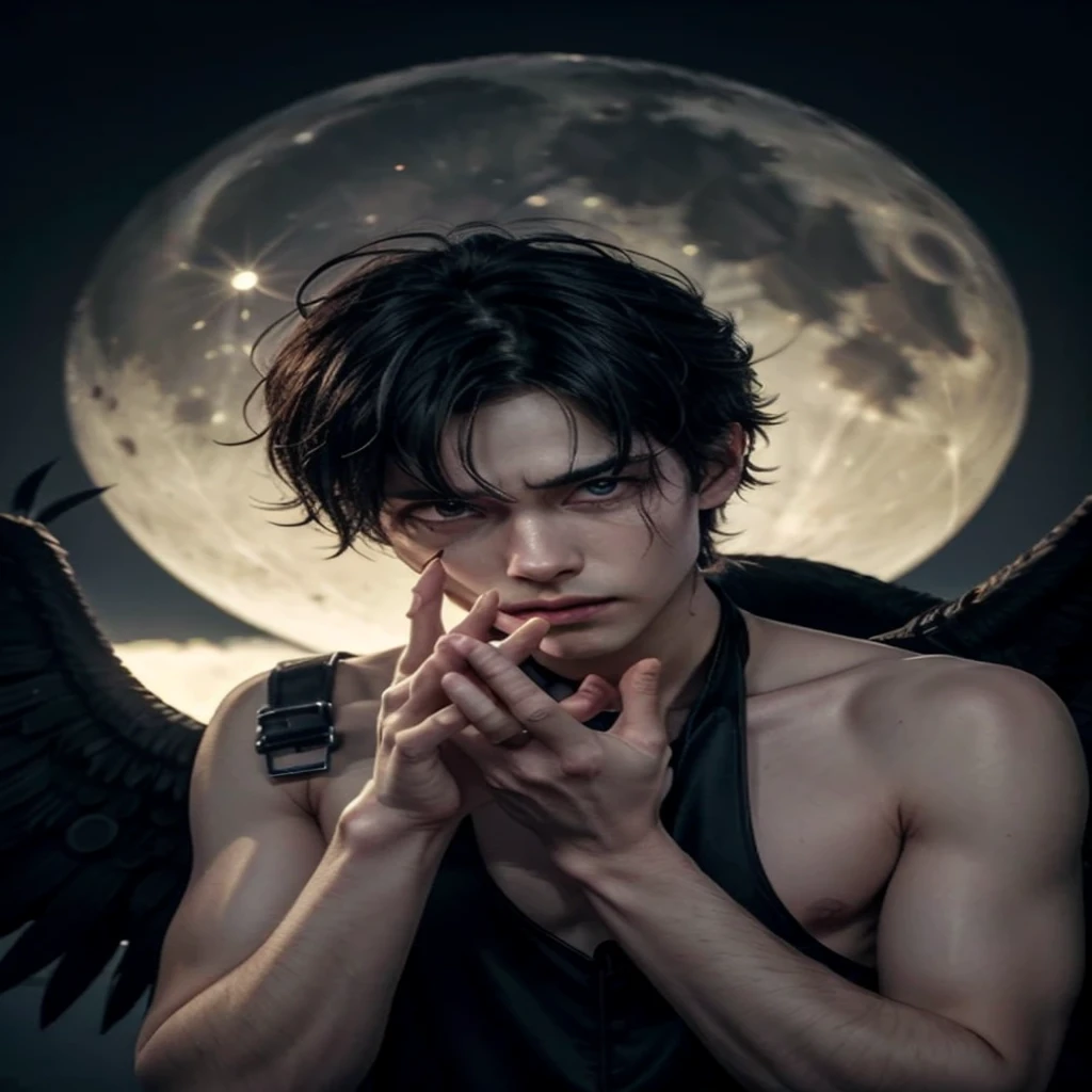 Creates a fallen angel crying, his eyes are red, his wings, one part is white and the other is black, in the background you can see the full moon on his hand, he holds a heart, he is looking directly at the camera and he is a man.