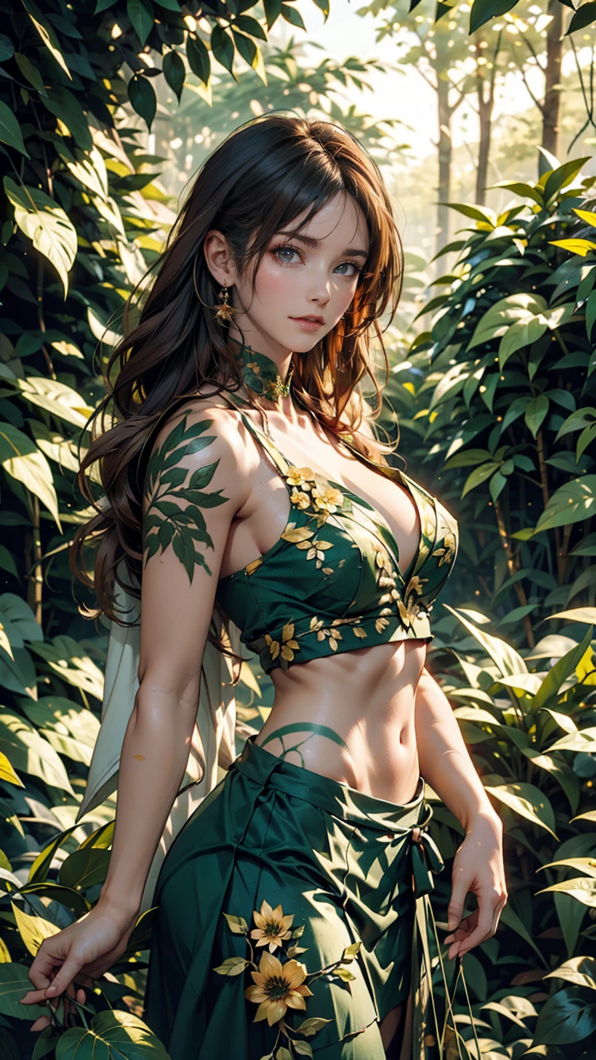 A forest druid, 1 girl, brown hair, medieval fantasy, D&d, RPG, ultra realistic, ultra detailed, best quality, 8k, wallpaper, sitting, front, open legs, short skirt, green skirt, tiny panties, tight panties, white panties, panty view, upskirt, cameltoe, pantyshot, RAW, semi-naked,