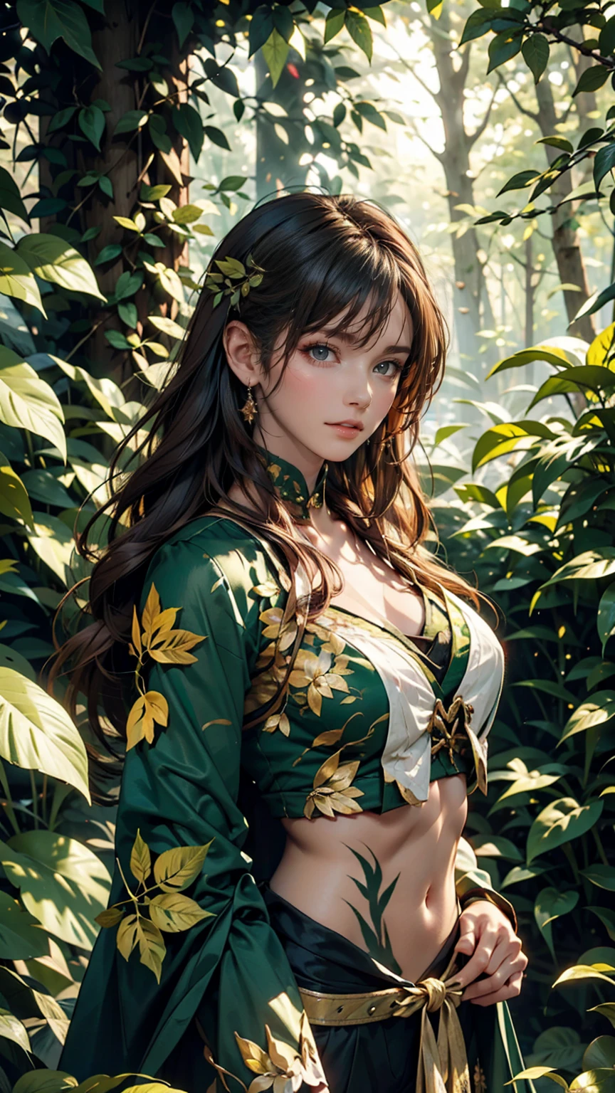 A woman with body paint featuring green and gold leaves and flowers、Standing in a mysterious forest。