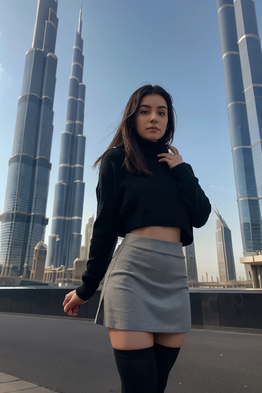 Generate a realistic, human-captured image of a person wearing a sweater and mini skirt paired with black tights. The background should showcase a well-known landmark, such as the Burj Khalifa.
