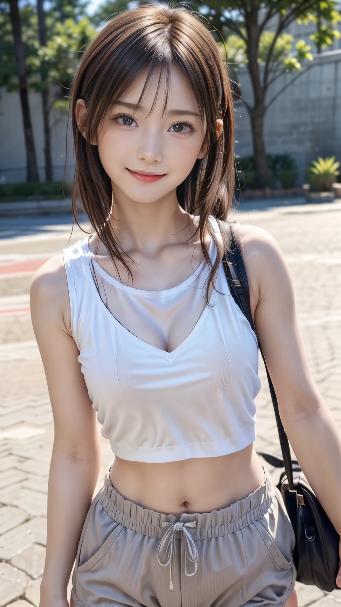 ((One beautiful girl:1.2)), very cute, Great face and eyes, (Beautiful lovely smile), (Very detailed美しい小顔, :1.2), Bright and shiny lips, Beautiful brown eyes, Sexy look, Keep staring at me, (Standing in the park in gym clothes and bloomers:1.3), Beautiful breasts, Cleavage, Smooth Skin, so beautiful, Charm, (Highest quality:1.4), (super high quality), (Very detailed), (Ultra-realistic, Photorealistic:1.37), Real skin texture, Intricate details, Very detailed CG 統合 8k 壁紙, RAW Photos, Professional photography, Cinema Lighting, (Detailed hands:1.2)
