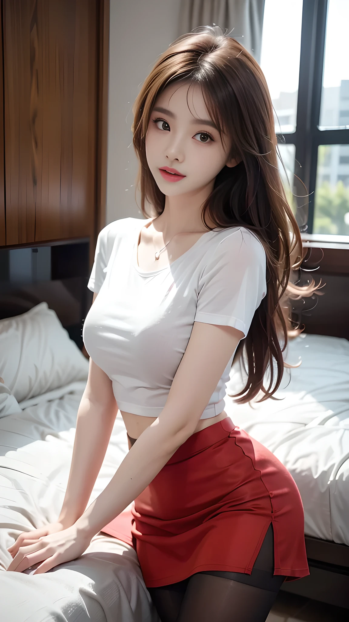 ulzzang-6500-v1.1, (RAW Photos:1.2), (Photorealistic), (Genuine:1.4), 1girl、Perfect Anatomy、20 years old、Looking at the camera、Medium Long Hair、T-shirt, red skirt, (( in the bedroom :1.1))、(Ultra-realistic pantyhose:1.3), (Business services)、Asian Eyes Ella,