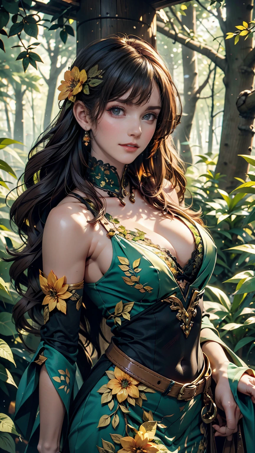 A woman with body paint featuring green and gold leaves and flowers、Standing in a mysterious forest。