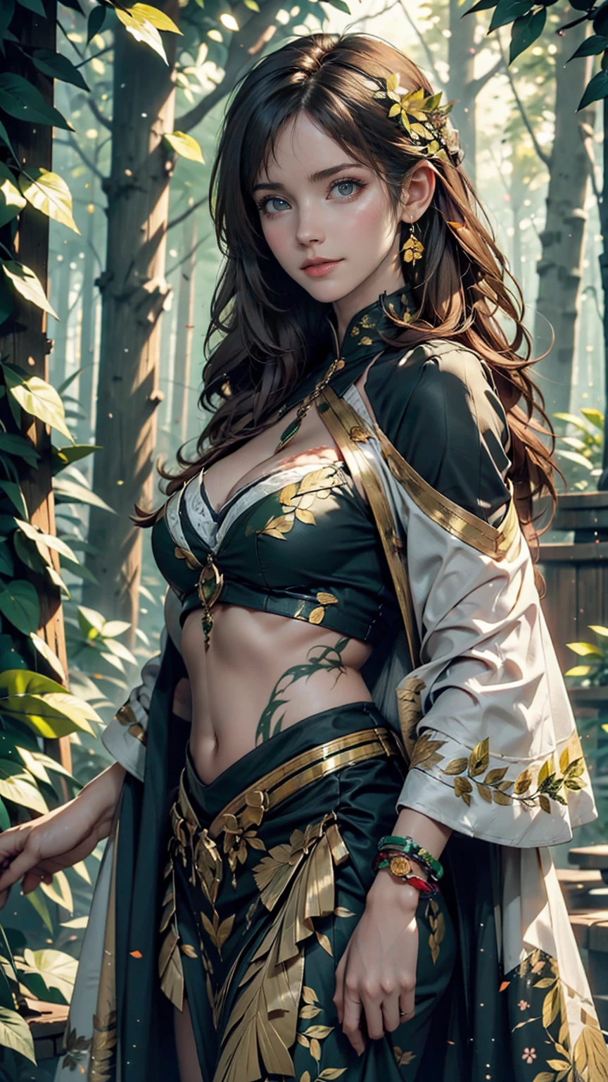 A woman with body paint featuring green and gold leaves and flowers、Standing in a mysterious forest。
