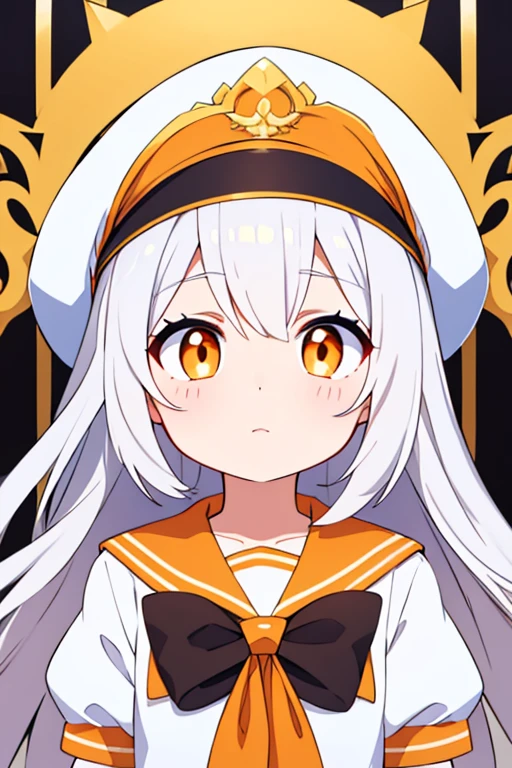 White cap with gold decoration、Long white hair、Orange Eyes、Sailor'White uniform