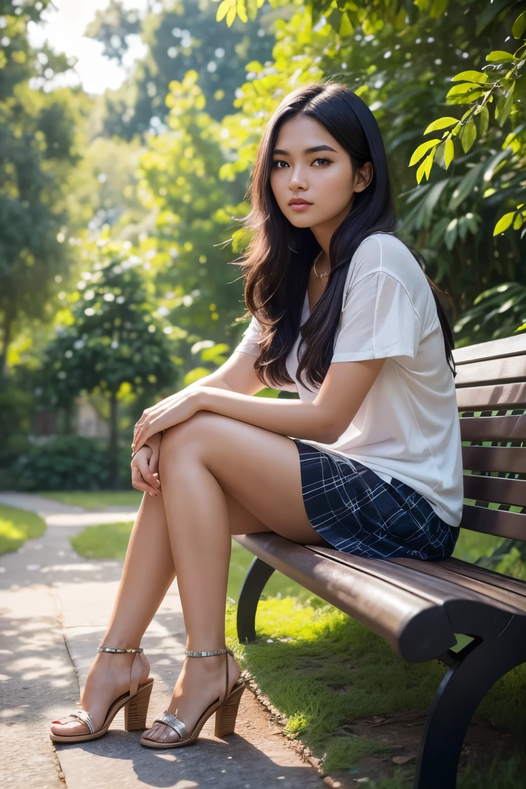 Best quality, high resolution, Masterpiece: 1.3, Stunning Indonesian Girl, Beautiful long black hair, Masterpiece, Soft expression, Realistic, 1 girl, Captivating eyes, Radiant eyes, Casual pose, Sitting on a bench, In a park, Wearing a casual dress, Detailed clothes, A-line skirt, Tunics, Comfortable, Flat sandals, Jeweled accessories, Nature surrounds, Beautiful landscape, Lush greenery, Blooming flowers, Squirrels playing, Families enjoying, Children laughing, Detailed background, Professional photography, 3D Octane rendering, Ray tracing, Super detailing viewer, Closeup.