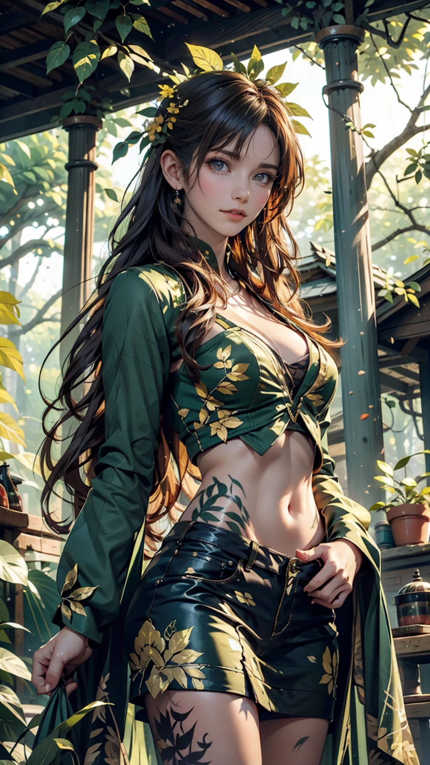 A woman with body paint featuring green and gold leaves and flowers、Standing in a mysterious forest。