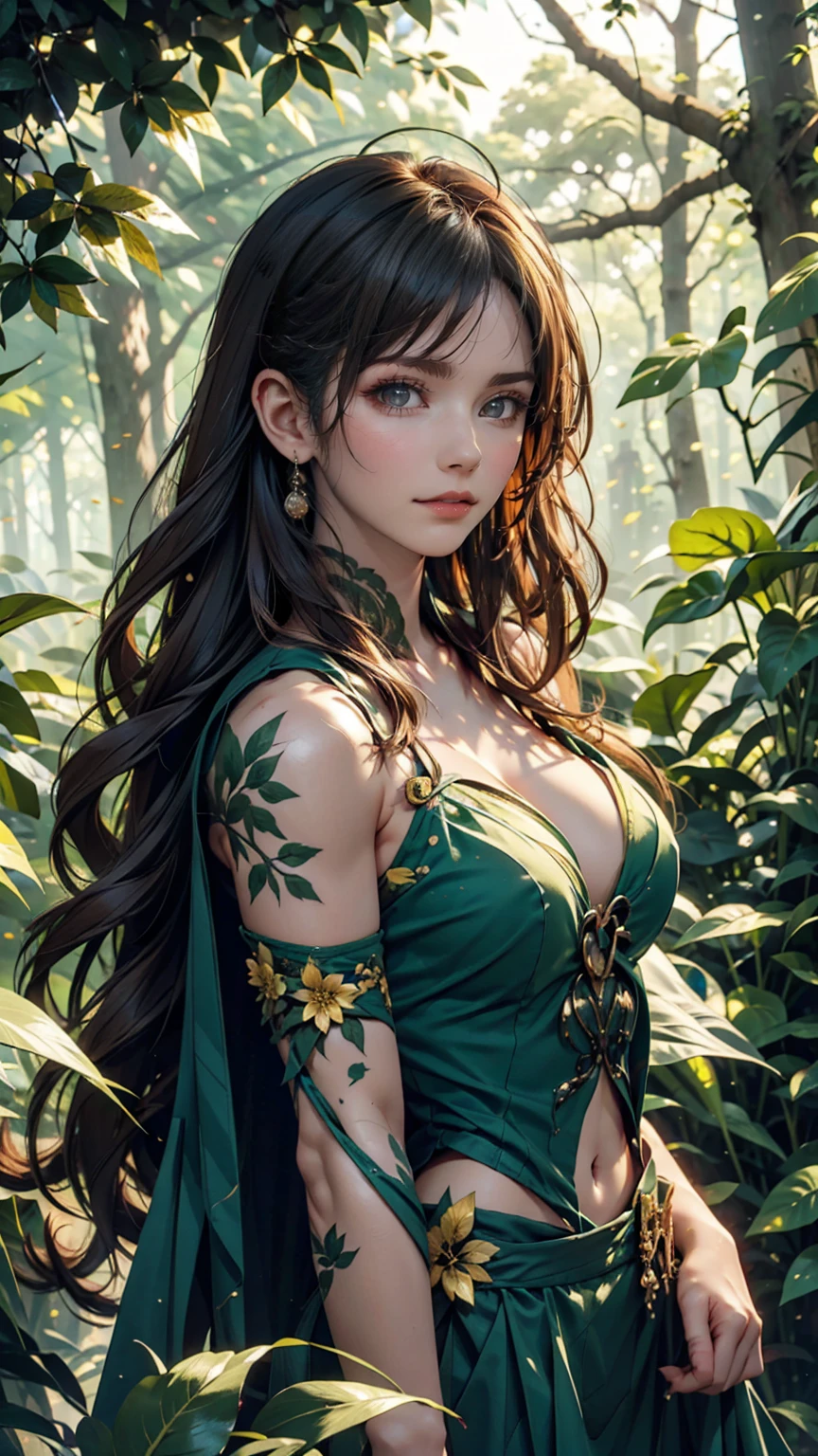 A woman with body paint featuring green and gold leaves and flowers、Standing in a mysterious forest。