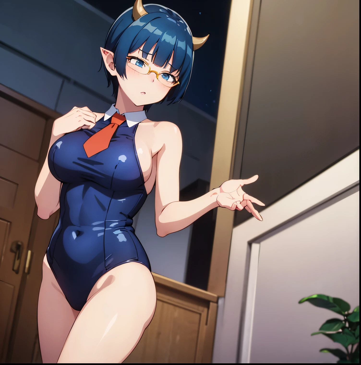 ((1girl)),((alone)), zenia,(masterpiece), (best quality), (ultra detailed), (best illustration), (best shadow), (absurdities), sharp focus, cowboy shot, dynamic posture looking at the viewer, big breasts, narrow waist, wide hips, wide thighs, round butt, erotic, romantic, (very detailed eyes, lips 1.1), very detailed eyes, eyes, Very detailed face, Very beautiful face, full height , beautiful slim figure, femininity, expressive appearance, elastic big breasts, increased sexuality, blue hair, short hair, blue eyes, pointed ears, horns, suit, glasses, wearing a navy blue swimming suit over a shirt, collared shirt, short orange tie, no skirt, no pants, blue heels, defined body, perfect and beautiful body, perfect and beautiful, mouth closed, calm expression, blushing, (sexy pose: 1.2), ((solo)), standing: 1.3 , interior, cityscape, apartment, terrace, railing, city lights, night, looking forward ((focus on hips), point of view (from below), red blush, perfect anatomy, perfect hands,