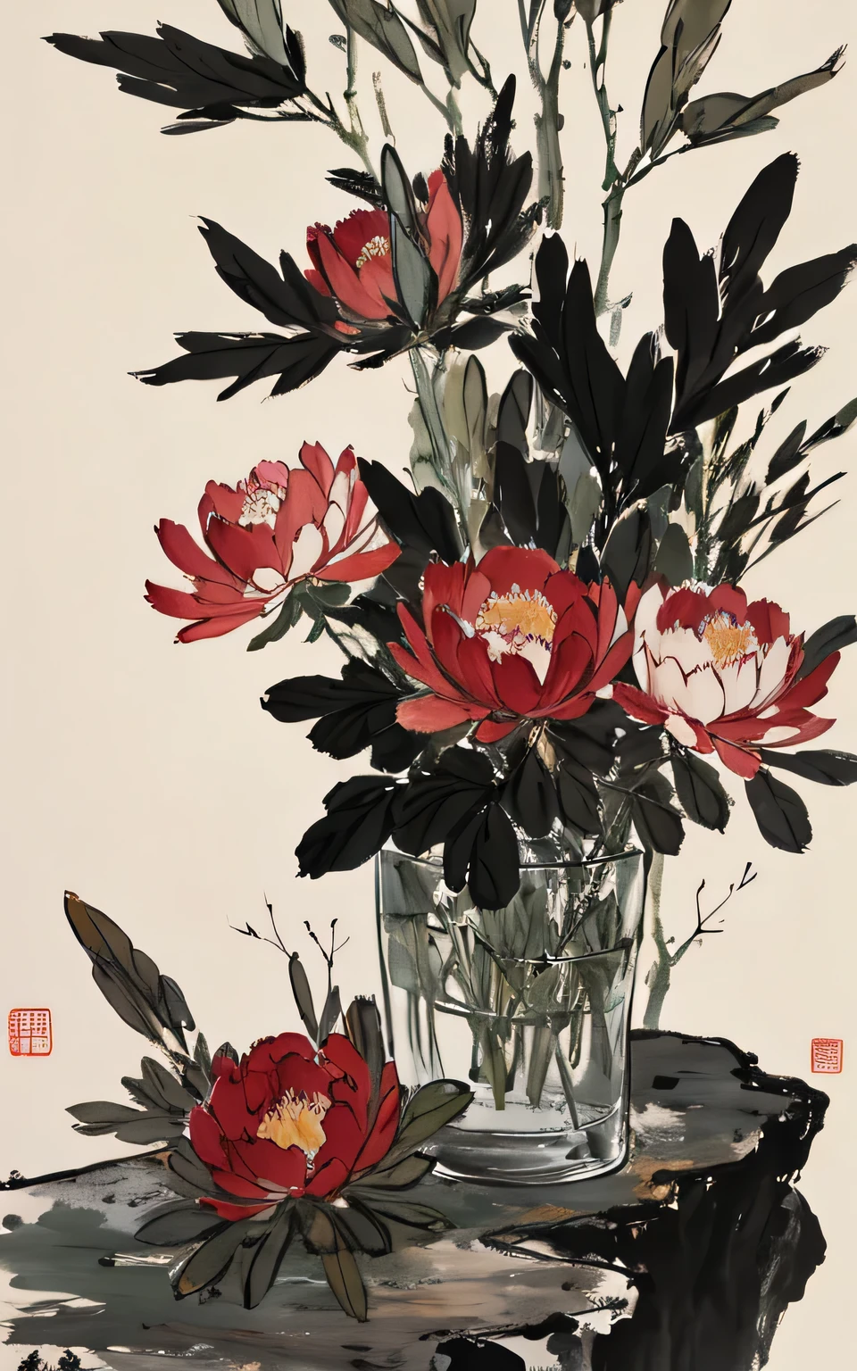 Qi Baishi，Zhang Daqian style，The composition is perfect，Peony