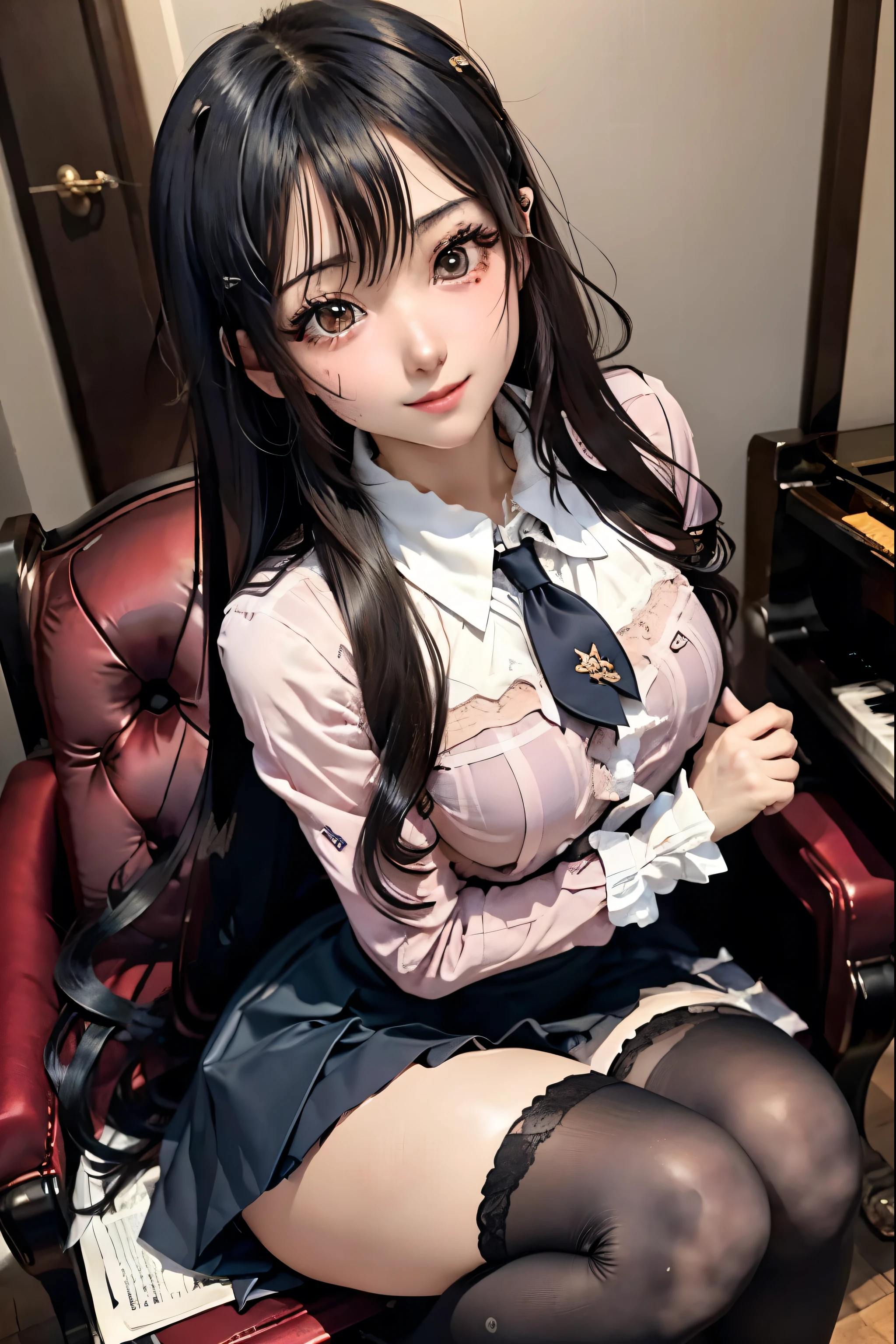 high school girlブレザー、high school girl、Red checked skirt、JK Style、Jacket、smile、garter、Knee socks、Panty stocking、Otherworldly beauty、Extraordinarily cute、boredom、unusual beauty、Dark black eyeshadow、sorrow、Good skin glow、Long Hair Straight Hair、Dark Gothic Makeup、暗いsmile、Beautiful woman、Stained Glass Background、On the table、Best Quality、5 reference books、Sweat glistens on my chest、Sweat glistens on my face、Thigh sweat、sweating、Black frill East size Regular size、Dark pink hair、Age 22 years old、Sweat sticks to my thighs、I sweat a lot and get sticky。、My thighs are sticky and shiny、Sweating on thighs and chest、Bust size S、Slightly slim、I sweat all over my body、play the piano、Sit down and play an instrument、legs are thin、Two girls、Lesbian couple、Hugging a girl、My female friend has a super cute face、My female friend has a very beautiful face、