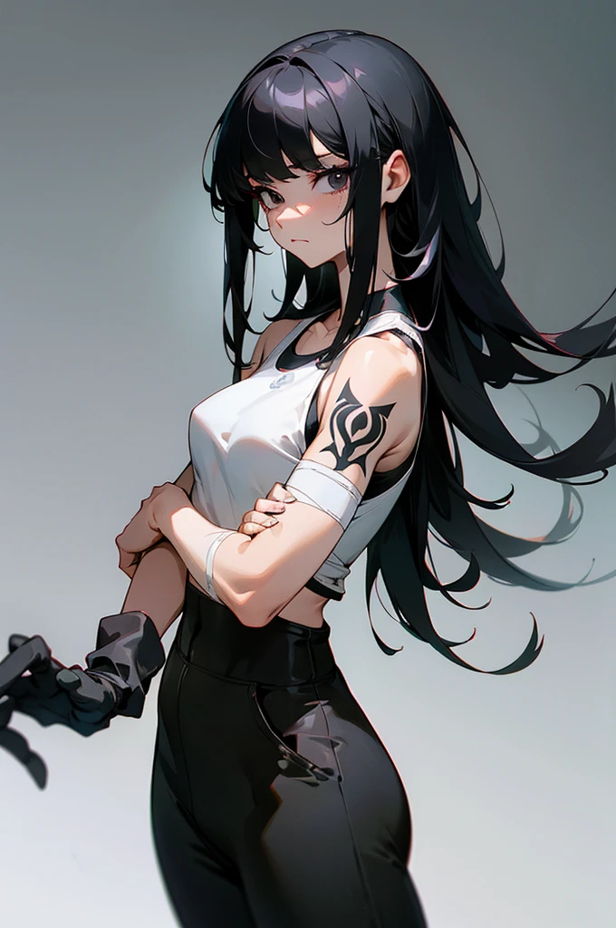 1female, long black hair, bangs, arm tattoos, bandages, black eyes, calm expression, black tanktop, white joggers, hands to side, foggy background, detailed face, standing on path