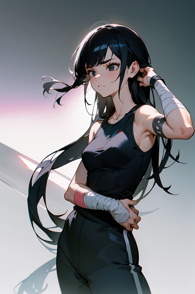 1female, long black hair, bangs, arm tattoos, bandages, black eyes, calm expression, black tanktop, white joggers, hands to side, foggy background, detailed face, standing on path