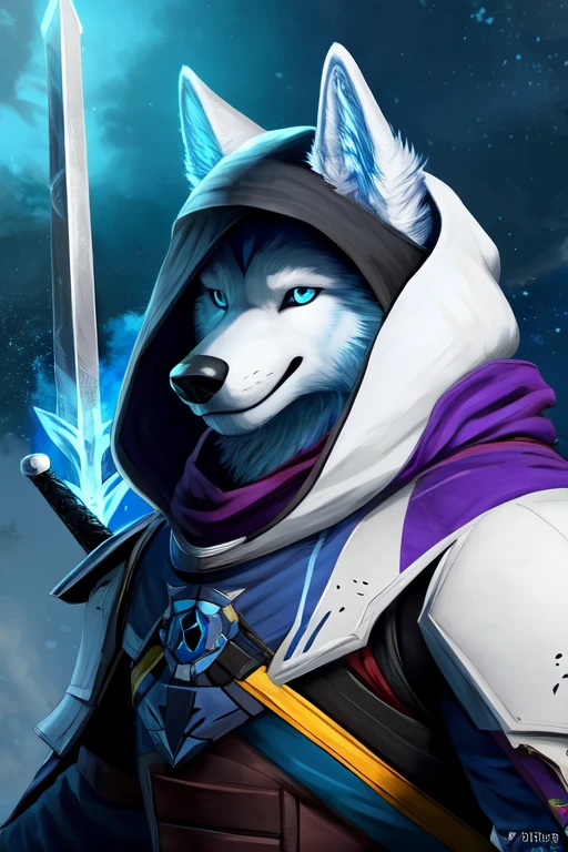 Furry, White & Blue Wolf, male, Fantasy, Destiny 2 the game, Destiny 2 Hunter, Cloak, Hood up, Sword,