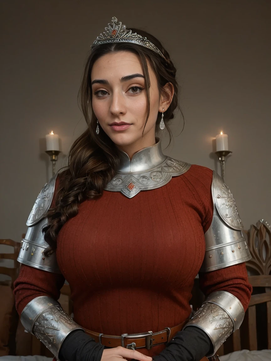 Gorgeous and sultry busty athletic (thin) brunette queen with sharp facial features wearing a modest updo, crown braid, ornate ceremonial (Medieval plate armor), dark red tunic, dark red hauberk, silver medieval armor, long sleeves, intricate patterns, filigree, gauntlets, gloves, pauldrons, breastplate, crown, silver belt, (waist chain), medieval jewelry, Middle Ages, castle, rampart, wall, exterior, on top of a castle wall, trees, countryside, evening, sunset.