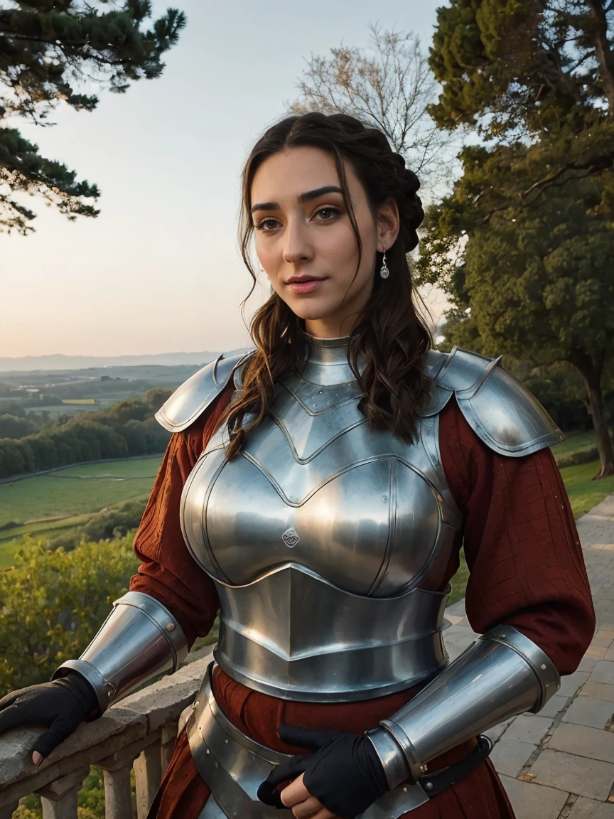 Gorgeous and sultry busty athletic (thin) brunette queen with sharp facial features wearing a modest updo, crown braid, modest ceremonial plate armor, dark red tunic, dark red hauberk, silver medieval armor, long sleeves, intricate patterns, filigree, gauntlets, pauldrons, breastplate, crown, silver belt, (waist chain), medieval jewelry, Middle Ages, castle, rampart, wall, exterior, on top of a castle wall, trees, countryside, evening, sunset.