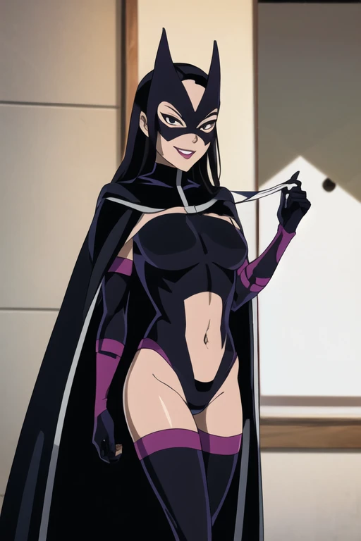 Huntress_JLU, cape, long cape, black hair, long hair, mask, leotard, navel, gloves, solo, smile, bodysuit, room, standing
