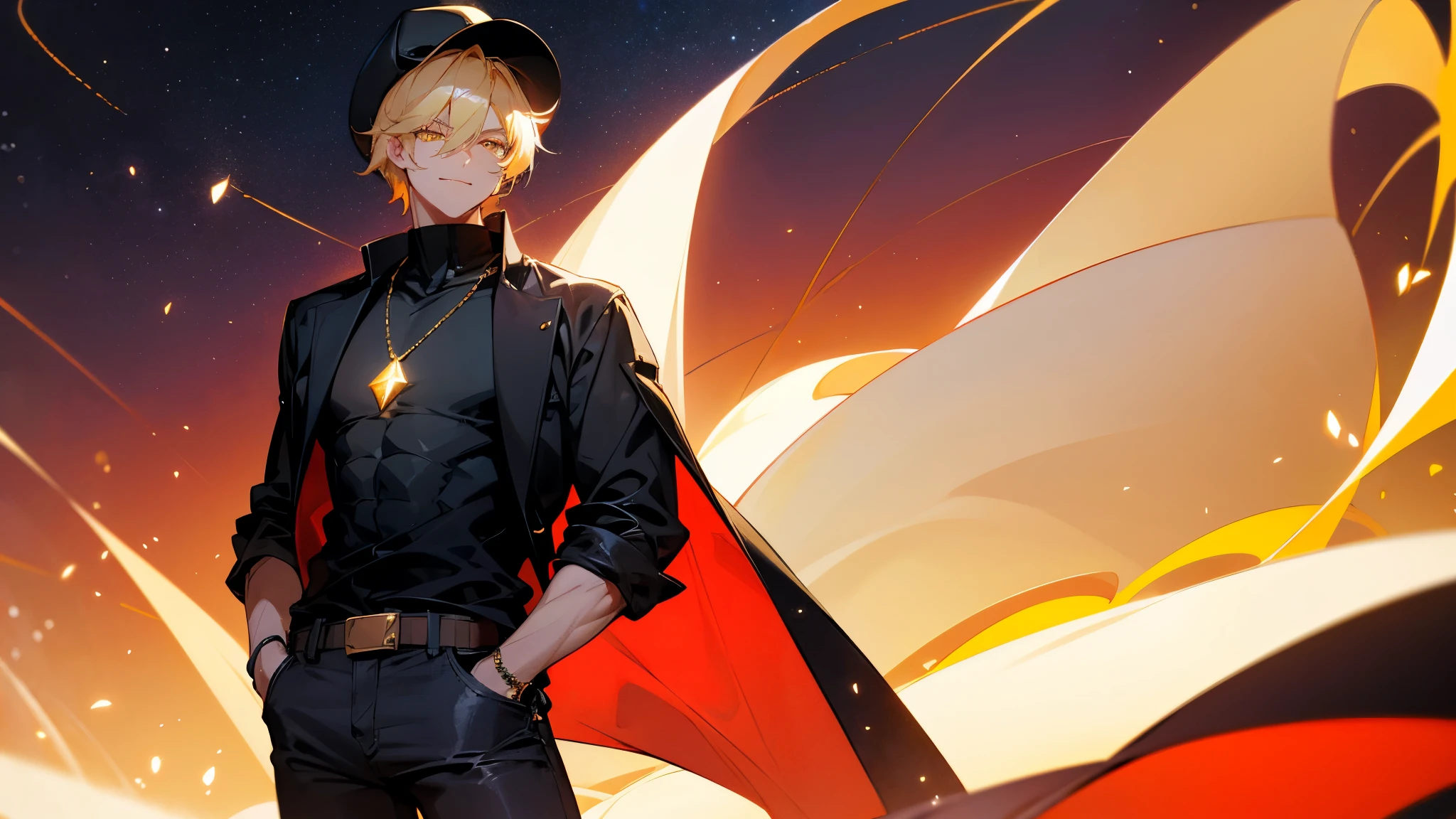 blonde hair, gold eyes, beautiful male, yellow eyes, start sky, 8k resolution, sky, galaxy, young male, serious face, short hair, black shirt, cowboy shot, glowing red gem necklace, black shirt, jean pants, smile, red gem on chest, mature, lean build, arms in pockets, muscular, baseball hat, black jacket