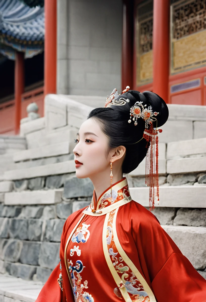 I saw a full-body figure. An empress in the Chinese imperial court of the Qing dynasty is wearing a red Hanfu, with the Hanfu rolled up from the bottom, thrusting her big buttocks, exposing her bare buttocks, her big breasts, looking at her profile, standing and sitting, her hair is wearing the crown of a Chinese empress, she is wearing a gorgeous crown of a Chinese empress, her hair is tied up and pulled up, and she is a perverted, erotic woman. The background is the stone pavement outside a Chinese palace of the Qing dynasty.