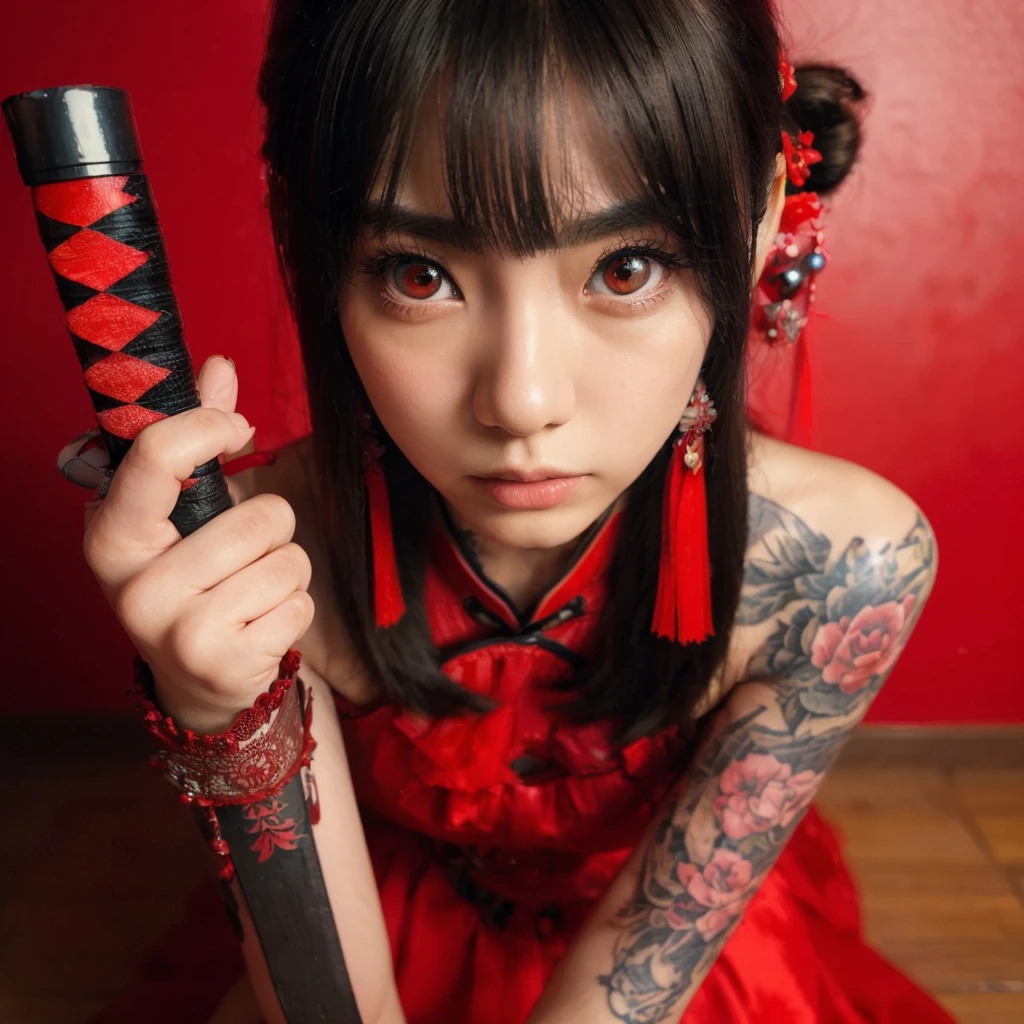 ((masterpiece))),(((best quality))),((super detailed)),((extremely delicate and beautiful)),(wide shot, wide-angle lens,Panoramic:1.2),super wide Angle,Low Angle shooting,super wide lens, xuer ai yazawa style girl,1girl,solo,tattoo,red background,red eye