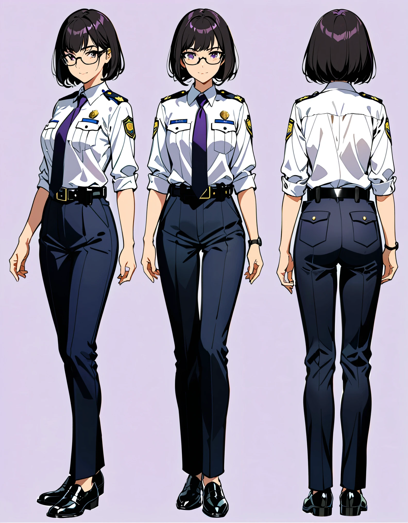 (masterpiece), (best quality), (hires), medium breasts, solo, (jet black hair, short hair, bob hair, purple eyes, bangs), (full body), solo, solo focus, standing, japanese police uniform, glasses, (white shirt), (black pants, tie), matching shoes, badge, (perfect hands, perfect anatomy), superhero, ((beautiful detailed eyes)).Simple background, Multiple Views, Character Sheet Full-Length.