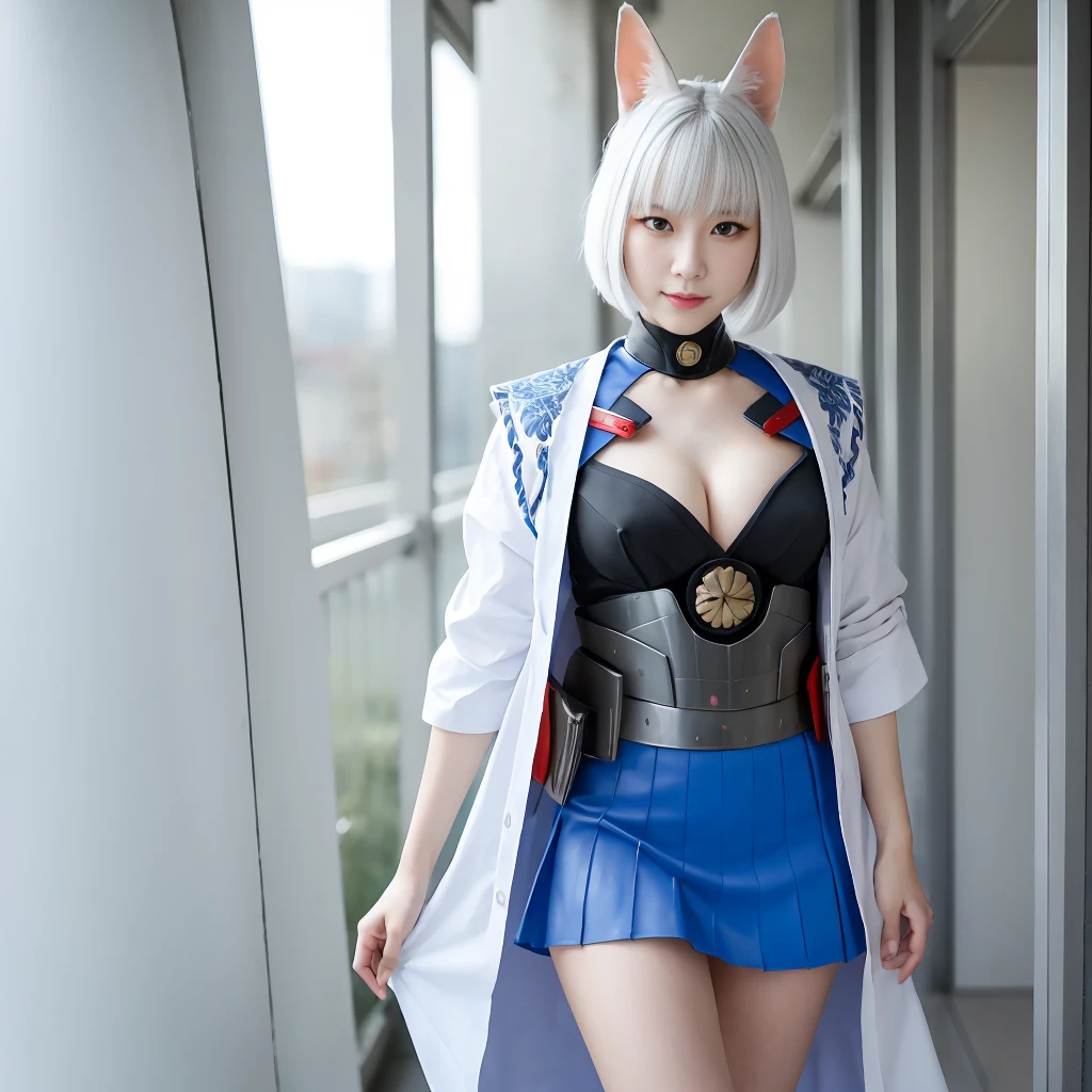 masterpiece, best quality, 16K, uhd, very high resolution, (realistic:1.45), RAW photos, (reality _ realistic 원시 사진), (whole body),  standing, Natural Pose, professional photography, official art,  Kaga _ \(azur lane \),  1 girl, Kaga _ costume play , Kaga _ cosplay, 흰  여우 귀 와 여우 tail를 하다,  white colored hair, white short hair, beautiful face, eye , nose , mouth , 붉은 색 mouth술 , shiny mouth술, 매우 realistic인 피부 결 , White skin,shiny,  perfect proportions의 몸매, slim and beautiful body, perfect pretty hands, finger, perfect proportions , beautiful long legs, Kimono in white and blue colors, blue short skirt,  흰색 으로 벚꽃  무늬가 그려진 blue short skirt, eye  쌓인 숲속 산책, high heel, 검은 색 eye, animal ears, white fox ears,  down,  흰 동물 down, tail, 흰 색 여우 tail, (다중 tail:1.2), smile, Round big, round big ass, afternoon , (At noon), light , realistic light, realistic 질감 있는 피부 , super detail,  CG 16K wallpaper, 