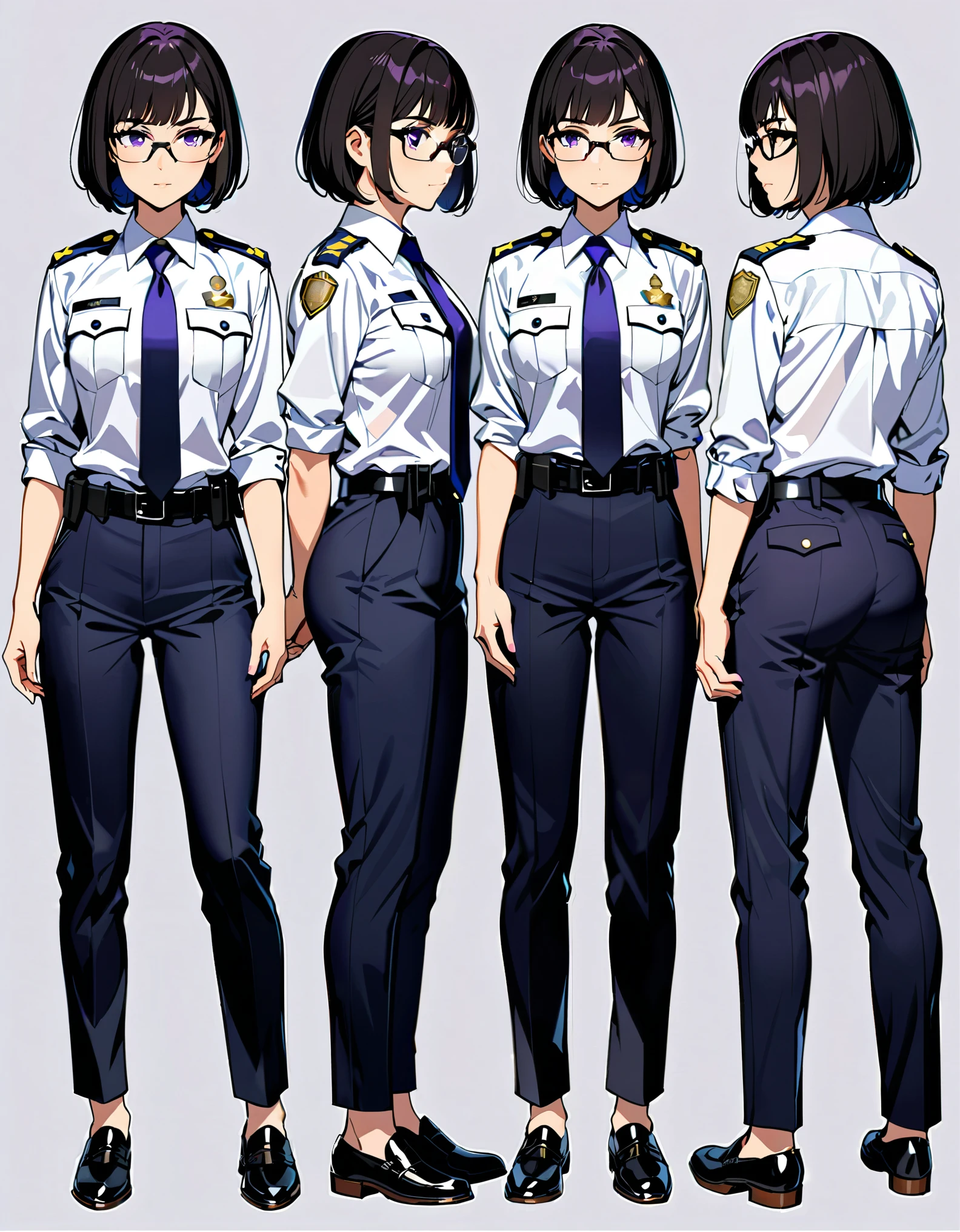 (masterpiece), (best quality), (hires), medium breasts, solo, (jet black hair, short hair, bob hair, purple eyes, bangs), (full body), solo, solo focus, standing, japanese police uniform, glasses, (white shirt), (black pants, tie), matching shoes, badge, (perfect hands, perfect anatomy), superhero, ((beautiful detailed eyes)).Simple background, Multiple Views, Character Sheet Full-Length.