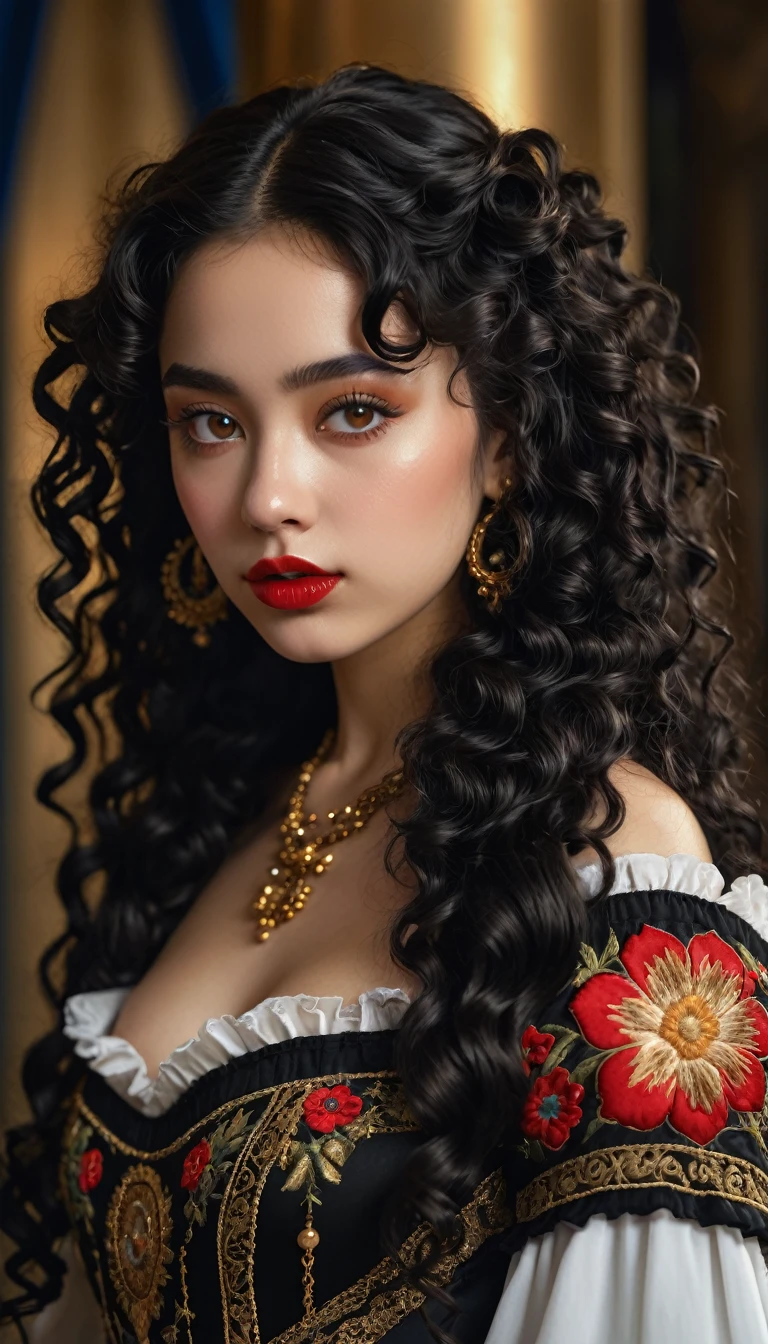 (1 girl 1.3) (extremely detailed 1.3) (anatomically correct, High precision, realistic skin) (RAW-Foto, Nikon, 8k, super detailed, Advanced details, Intricate detailing,), (illumination: facial lighting, Raytracing, Reflective light, structurally correct)  ((divine aura, Greek goddess of fertility, sex, and eroticism) (Thema: Beautiful European woman, bronze skin, Woman with black curls and locks) (Carry: detailed embroidered Goth Lolita extravagant many layers Renaissance), [(best quality, highres, ​masterpiece:1.2), A half Asian, half Greek virgin sacrifice, bronze skin, in the style of Boris Valloje, Full body portrait, keen focus, Vivid colors, detailed facial features, black curly wavy hair, expressive eyes, Full red lips, Creative atmosphere, Outbursts of inspiration,, huge , long legs, Water Temple] blaugrün, bronze, slate, Rost