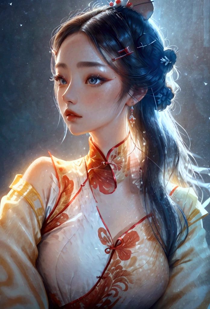 ((upper body)), portrait of a beautiful woman, ((perfect feminine face)),((ancient Chinese clothing)), ((Peking opera costume)), (long sleeves) observatory, intricate, (beautiful detailed eyes),((hairpin, twisted hair)), (sunlight), shaded flat drawing, digital art, trends on artstation, highly detailed, fine details, intricate, artgerm and rutkowski, art of alphonse mucha, surreal intricate detailing,