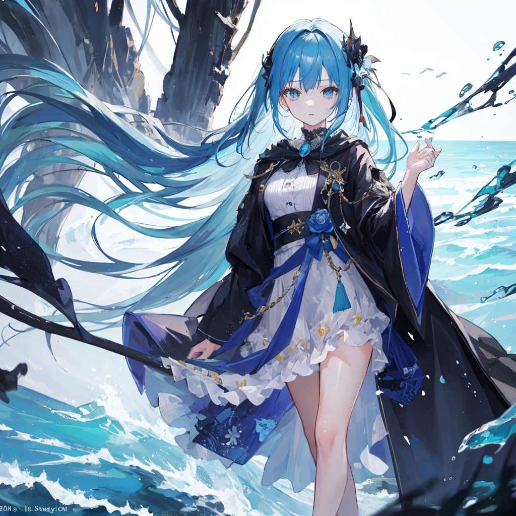 ((best quality)), ((masterpiece)), (detailed), 1 girl, 20 years old ,ocean blue hair, wearing black magic robe , big  , standing