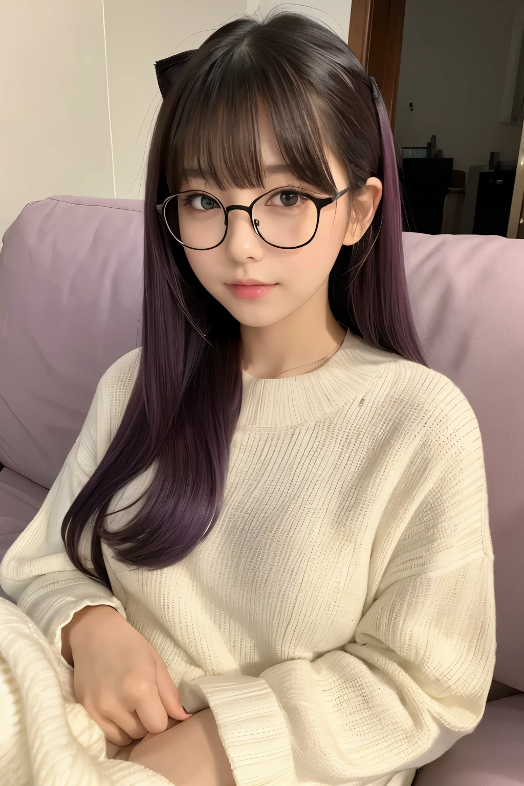 Young girl relaxing in an air-conditioned room、Large, slightly droopy eyes、Double eyelids、Eyes that give a gentle impression、Smaller, more natural-looking nose、Smaller lips、The lips are well shaped、Smooth, Healthy Skin、Long purple hair with bangs in a ponytail、Cat ear、Glasses、Odd Eye、Relaxing on the sofa、Soft pillows all around、Cozy Blanket、McDonald's chocolate mint drink nearby、A table with some snacks、I'm writing a novel while looking at a photo of my boyfriend.、Satisfied and relaxed look、The room is cool and peaceful、Soft lighting、Providing the ultimate feeling of relaxation and well-being