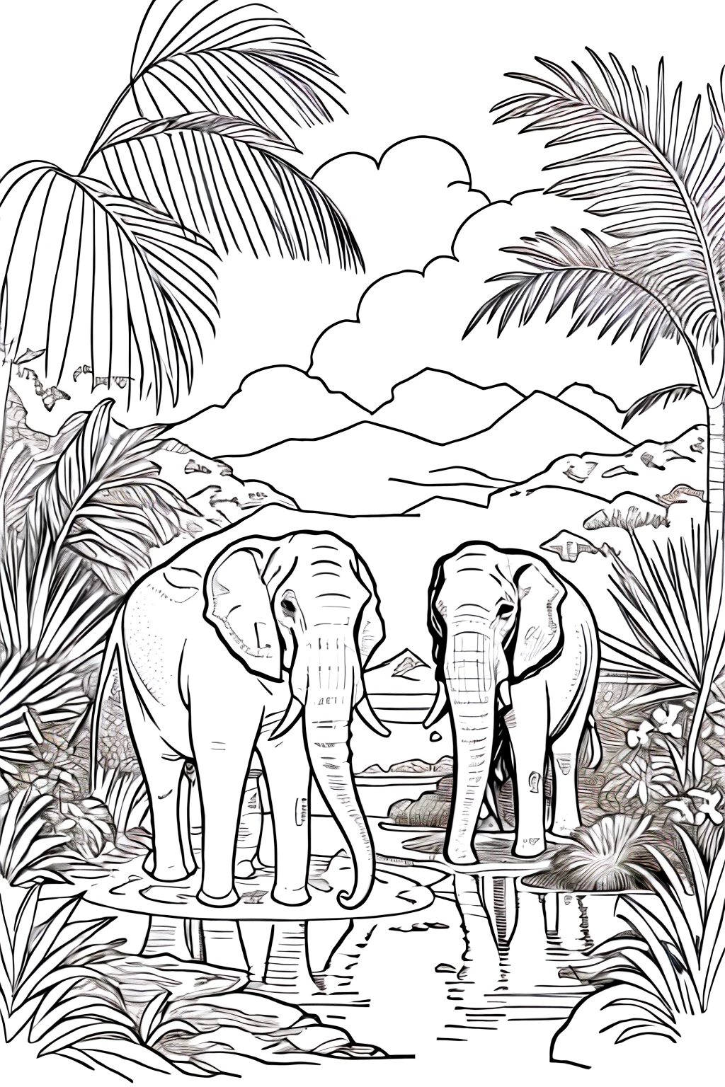 draw outline of elephant at the lake to drinking water in a group of other animals in the jungle for coloring pages