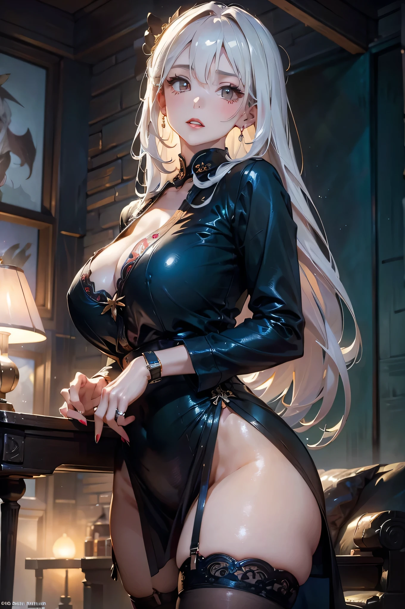 (masterpiece, best quality),(((From below, Depth of Field, Hook of Holland, greenish lighting))), Flowing long hair, 1 girl, solitary, formal, Hands in pockets, put, Black Gloves, architecture, Looking at the audience, Black Tie, Fingerless gloves, White shirt, City, outdoor, Black jacket, belt, Black pants, Collared shirt, Brown eyes, Everlasting, Long sleeve, White hair, Cityscape, Cardigan jacket, Cowboy shooting, Skyscraper, black put, night, pant put, Very long hair,((Large breasts)),((Grooves reveal original skin)),wearing Layered Necklace; a symbol of commitment in the form of a wedding ring graced her finger, while her wrist was embellished by a prestigious branded timepiece alongside delicate bracelets.a mature chinese woman , grey hair,sitting on the sofa ,showcasing her confidence and charm.thick thighs,fleshy thighs,revealing her thighs,big natural breasts,huge round breasts,busty mature woman,supermodel figure,perfect body,Wearing embroidered silk pajamas, with disheveled hair falling across her chest, her appearance is haggard, yet her red lips stand out vividly.She was wearing garter stockings.
Negative label