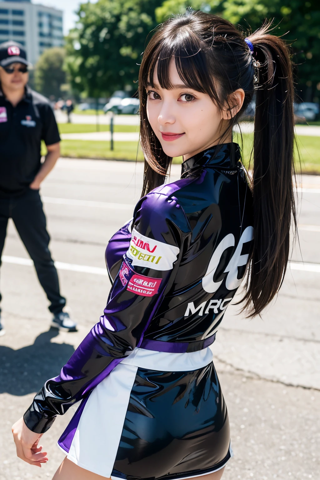 ((masterpiece)), ((best quality)), ((ultra-detailed)),((hyperrealistic)),shiny skin,1girl,,(((swept bangs))),hair intakes ,black hair,long hair,straight hair,sidelocks,sideburns,ponytail,((dark purple eyes)),medium breasts,,smile,(grid girl,pit girl,Paddock girl,latex miniskirt,red shirt),dynamic angle,circuit,((Wearing a grid girl outfit with sponsor's logo printed, costume, uniform, race queen)),skirt suit, motor show,motorcycle, racing car,((from below)),ass,