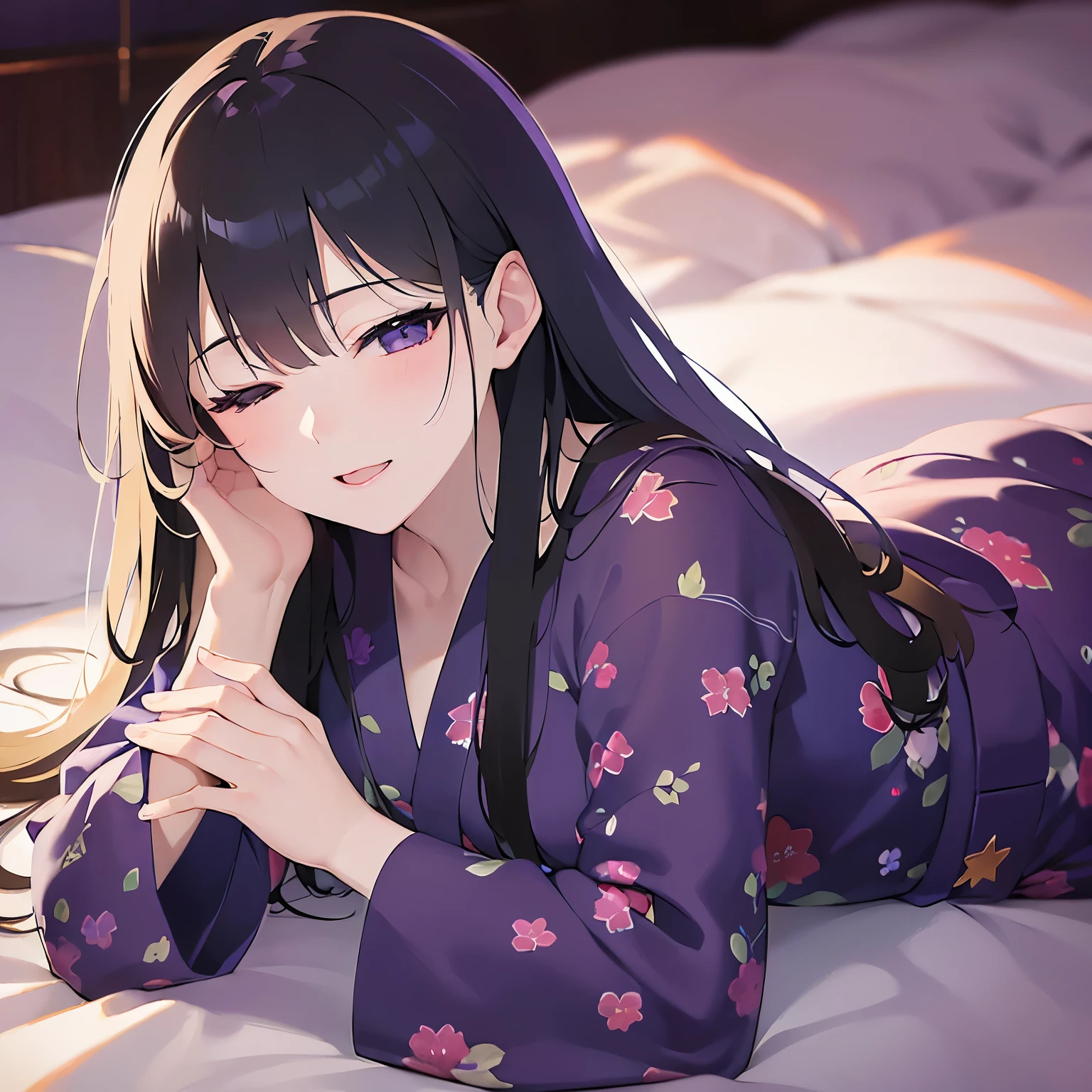 closed eyes,
Realistic, real person, (pale skin: 1.2), RAW photo, photorealistic, shiny skin, shiny hair、
(A 25-year-old woman with straight hair and bangs) and (medium hair) and (black hair) and (purple eyes) ,
(purple) and (yukata),blush,Lying face down on the futon、night