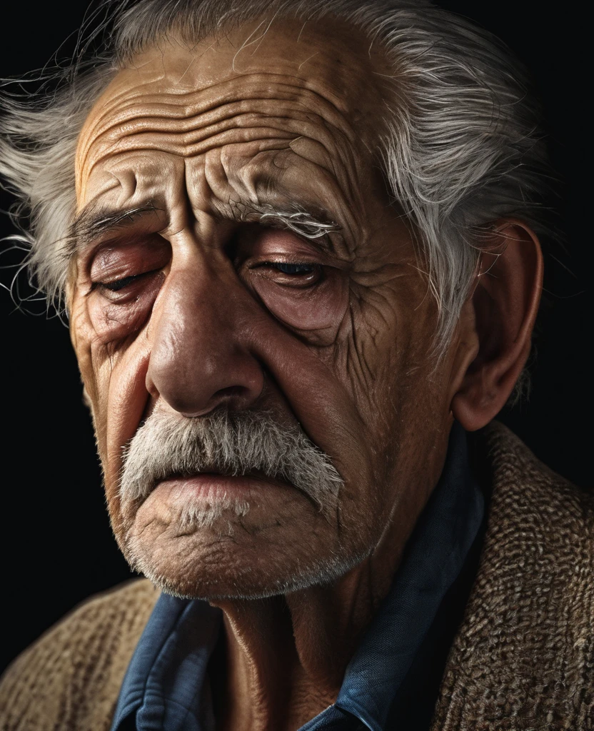 An image of a very tired old man, black background settings, highly details The facial expression reflects wisdoms and test of time. (Masterpiece), UHD, ((Highly details))