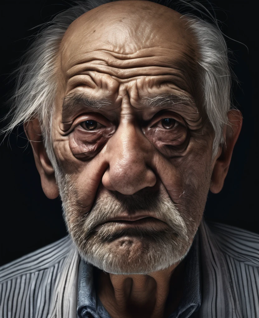 An image of a very tired old man, black background settings, highly details The facial expression reflects wisdoms and test of time. (Masterpiece), UHD, ((Highly details))