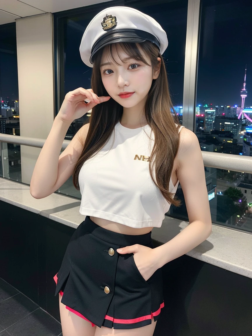 最high quality, masterpiece, 32K、Very detailed、Realistic、1 girl, Japanese women、Cute Face, (photo Actual:1.3),Medium Hair(Blonde Hair Color、Great brown hairstyles)、Edge lighting, (Skin with attention to detail:1.2), 8k超High resolution, Single-lens reflex camera, high quality, High resolution, 4K, 8k, Optimal ratio of four fingers to one thumb, (Actual:1.3), cute 1 girl, Realistic、Super Realistic、32K、Very detailed、masterpiece, 最high quality, beautiful girl, beauty、Mecha, Beautiful lighting, (Neon Light:1.2), (night:1.5), K-Pop Idol Costumes、Sleeveless outfit、Shorts、Large Breasts(big 、There is a valley)、Band live T-shirts、Red and white cheerleader skirt、White and gold military cap(military uniform hat)、Are standing、Cyber Neon、Future City、Skyscraper、都会のnight、Shanghai、big cities、night景、綺麗なnight景