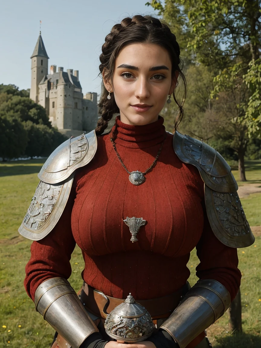 Gorgeous and sultry busty athletic (thin) brunette queen with sharp facial features wearing a modest updo, crown braid, ornate ceremonial (Medieval plate armor), dark red tunic, dark red hauberk, silver medieval armor, long sleeves, intricate patterns, filigree, gauntlets, gloves, pauldrons, breastplate, crown, silver belt, (waist chain), medieval jewelry, Middle Ages, castle, rampart, wall, exterior, on top of a castle wall, trees, countryside, evening, sunset.