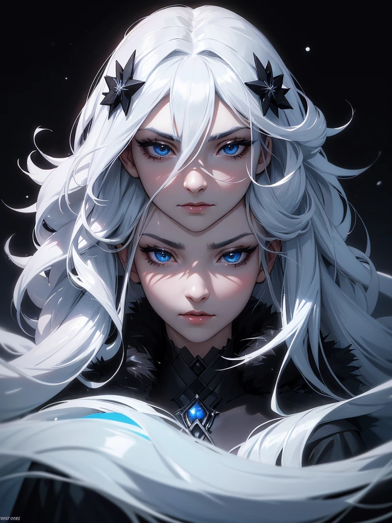 (((Portrait Photo))), She has the Appearance of a Cold and Elegant Woman, with a Slim, Slender Build, Exuding Grace and Poise. Her Extremely Long Silvery White Hair Falls Gracefully Over Her Figure, Reflecting a Subtle Icy Luminescence. Her Piercing Blue Eyes Hold a Depth of Intelligence and Enigmatic Allure, Captivating Anyone Who Meets Her Gaze. Her Expression is Calm and Composed, with a Hint of Indifference and Quiet Strength, Reflecting Her Dignified and Unyielding Presence. (((Dark Background))), (((Portrait Photo))), (((Hair Between Eyes))), (((Black Winter Coat with Fluffy Sleeves and Fur Accents))), (((Winter Hair Ornaments)))