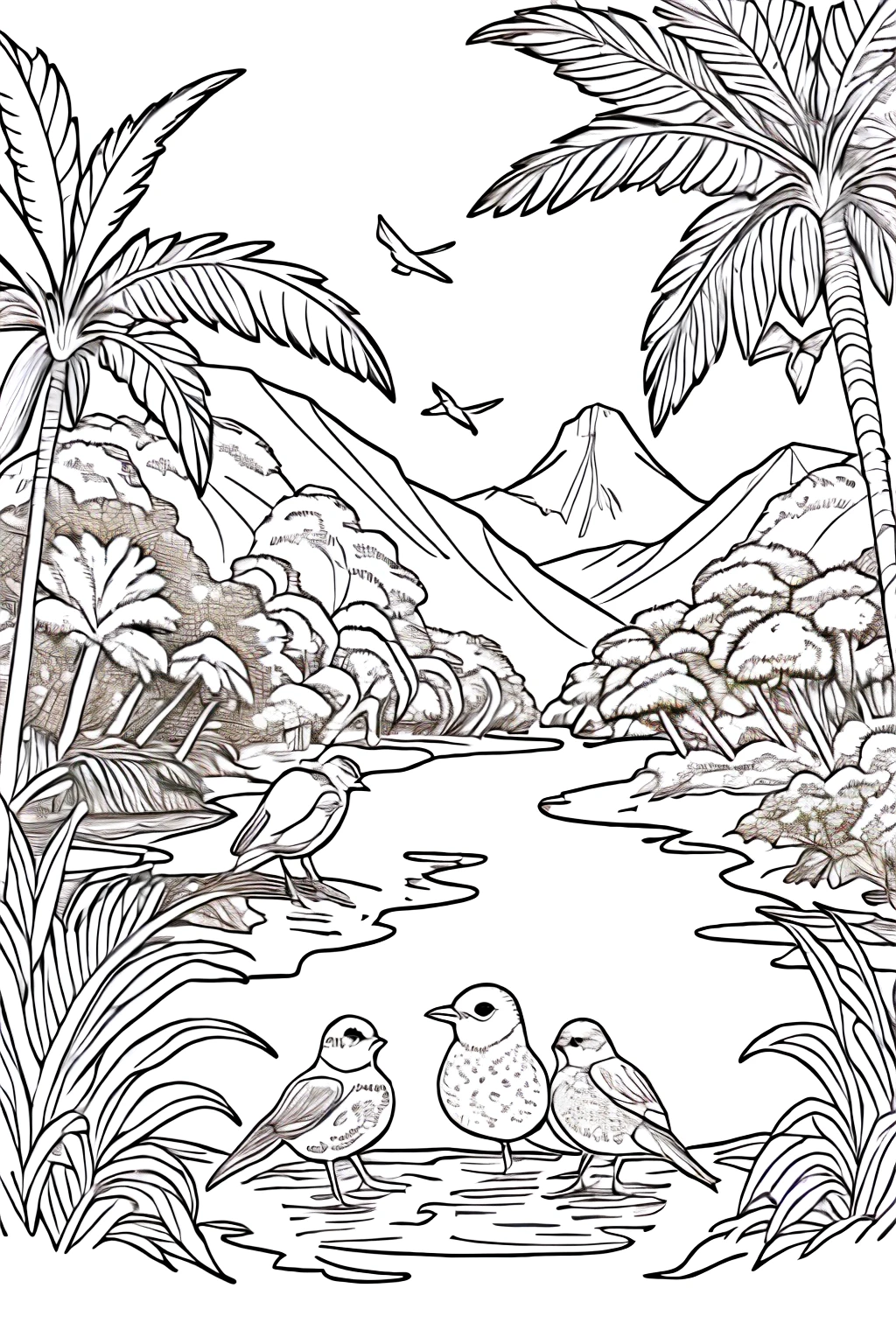 draw outline of birds at the lake to drinking water in a group of other animals in the jungle for ???? coloring pages  