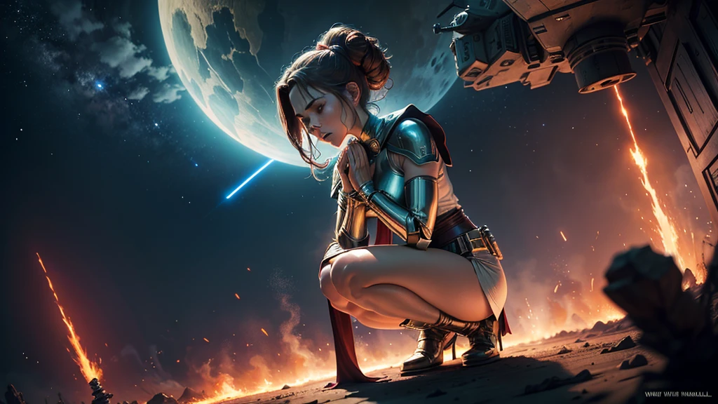 wide angle , outstanding female performer in total frontal winklel, star war, taurus, epic scene, on her knees, crying, praying to heaven, background in flames with spaceship battle
