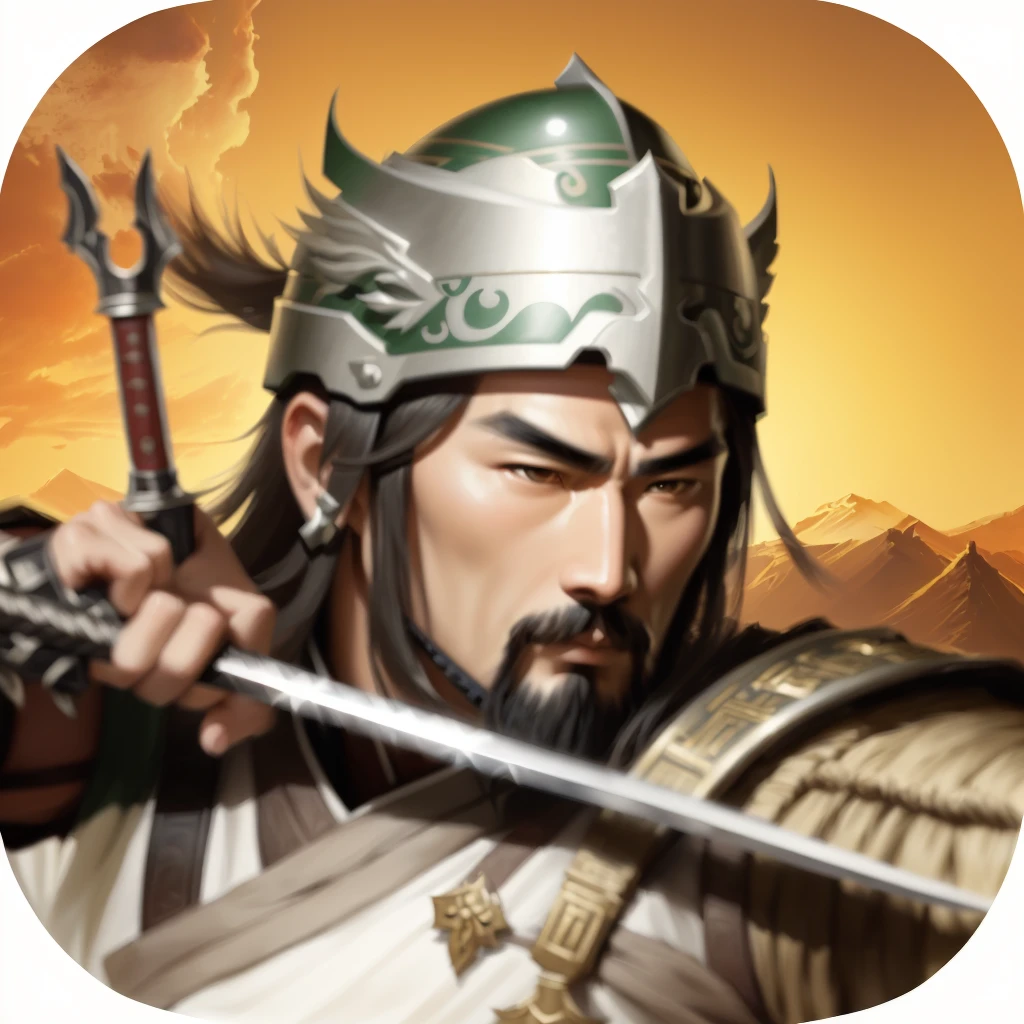 Close-up of a man holding a sword and a helmet, guan yu, chinese Three Kingdomss, from Three Kingdomss, zhao yun, , Mongol, Three Kingdomss, bian lian, Inspired by Cao Zhibai, xianxia hero, Inspired by Wu Zuoren, Three Kingdoms, nanquan, strict, Inspired by Zhang Wo，uhd, high quality, best quality, highres, 16K, textured skin