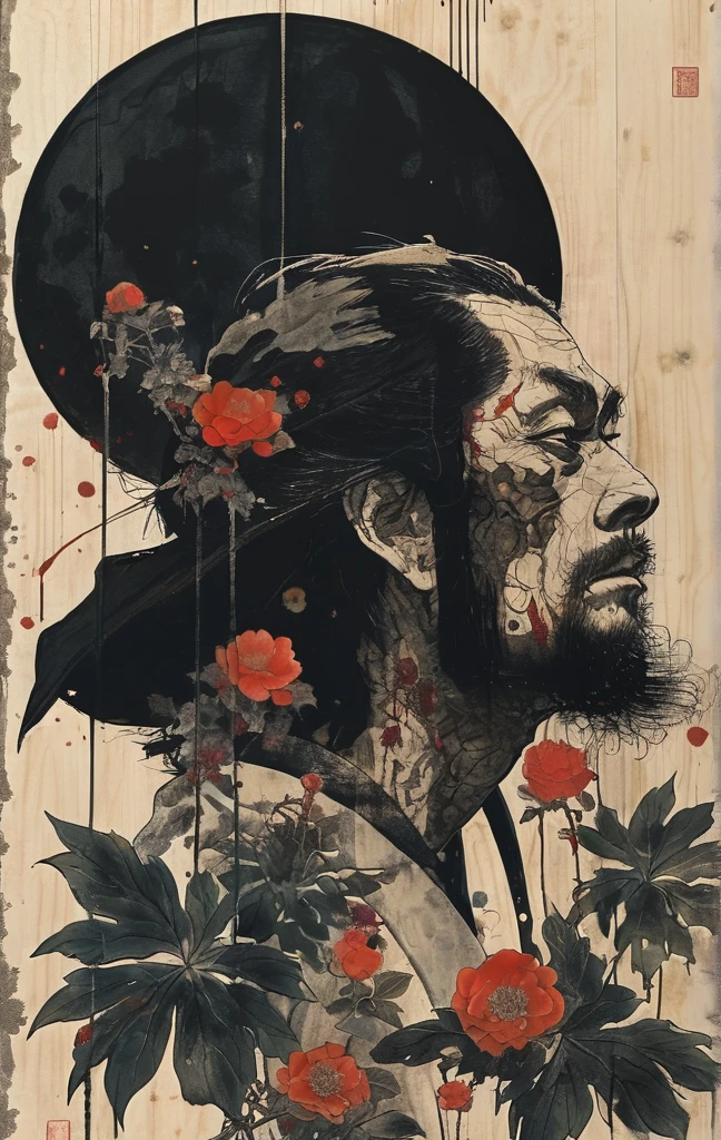 Japanese line drawing , A samurai( Tied to a wooden steak、There are many arrows stuck in it,:1.2) The skeletal structure of the lower body cannot be seen , Torn rag, Rope and bloody ground, Black sky and big moon , Floral Damask Background , Takato Yamamoto style ,