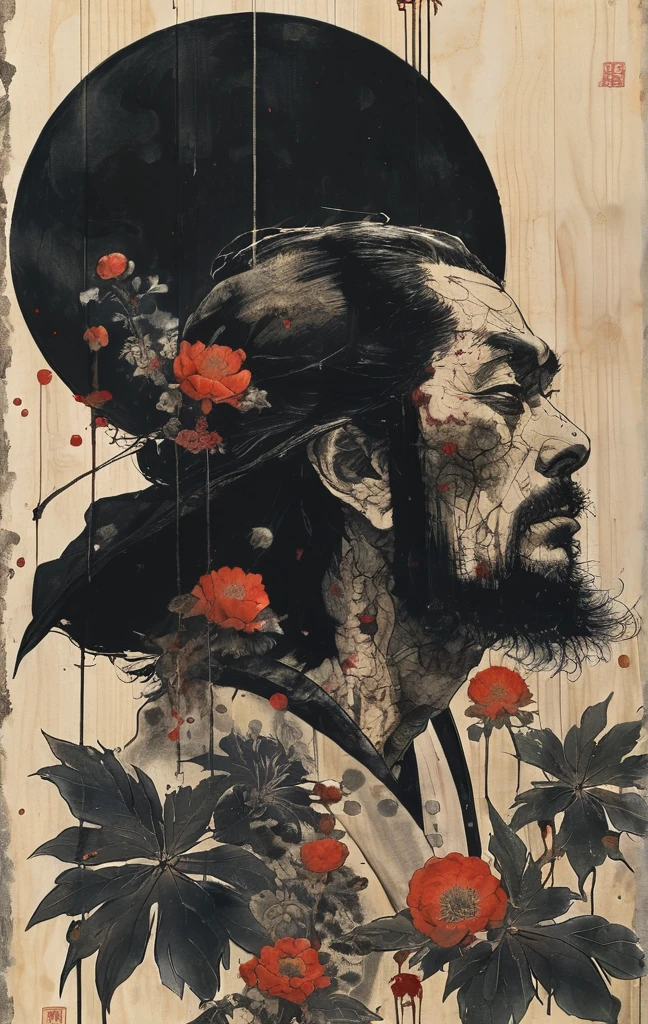 Japanese line drawing , A samurai( Tied to a wooden steak、There are many arrows stuck in it,:1.2) The skeletal structure of the lower body cannot be seen , Torn rag, Rope and bloody ground, Black sky and big moon , Floral Damask Background , Takato Yamamoto style ,