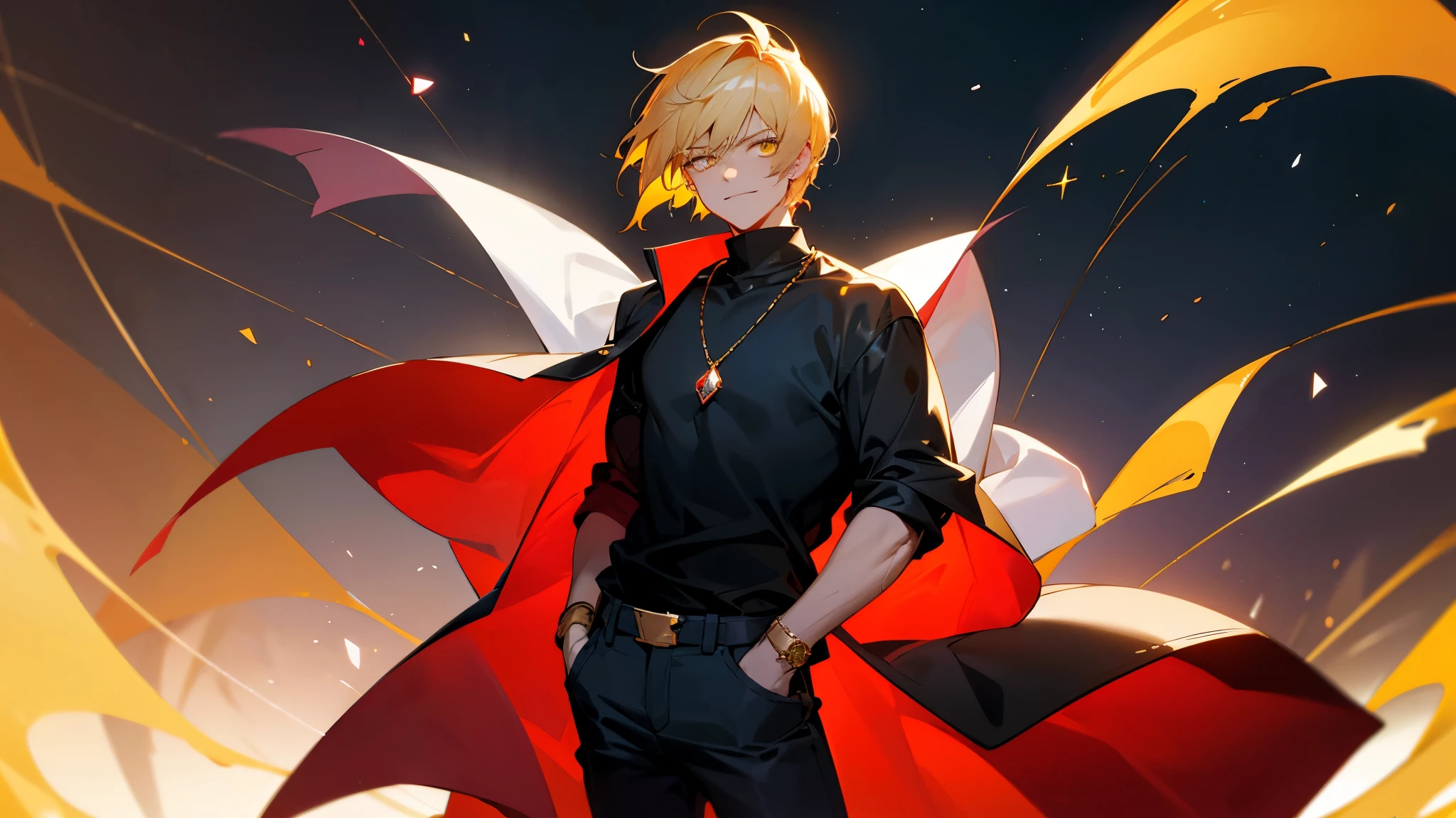 blonde hair, gold eyes, beautiful male, yellow eyes, start sky, 8k resolution, sky, galaxy, young male, serious face, short hair, black shirt, cowboy shot, glowing red gem necklace, black shirt, jean pants, smile, red gem on chest, mature, lean build, arms in pockets, muscular, baseball hat, white puffer jacket, red gem necklace,