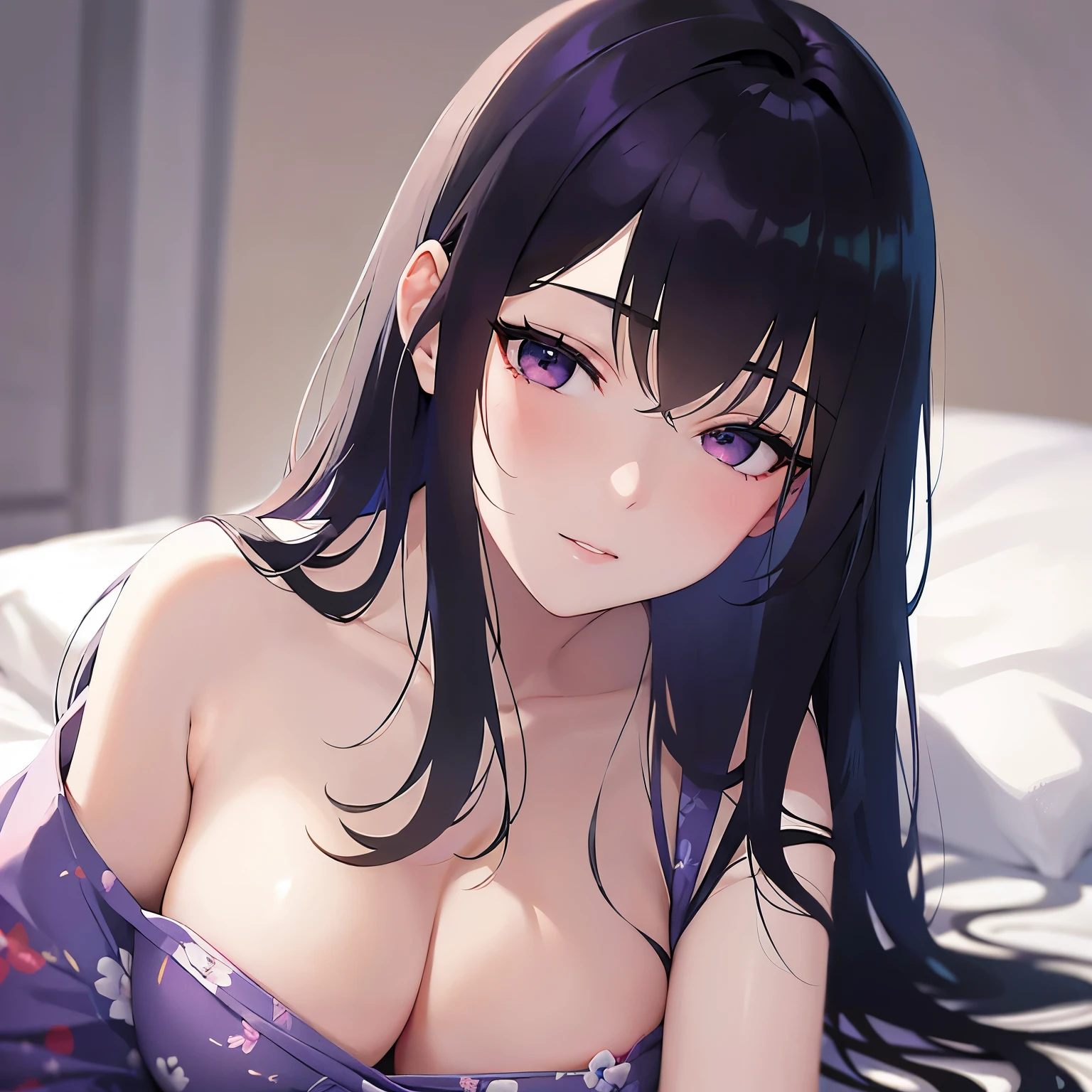 closed eyes,
Realistic, real person, (pale skin: 1.2), RAW photo, photorealistic, shiny skin, shiny hair、
(A 25-year-old woman with straight hair and bangs) and (medium hair) and (black hair) and (purple eyes) ,
(purple) and (yukata),Cleavage、blush,Lying face down on the futon、night