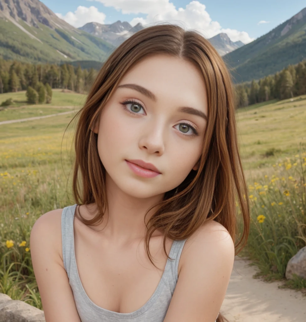 Natural landscape photography; Mountaineering; (1 woman: 1.3, solo), (cowboy photo: 1.3), (slender body), (tank tops, mini skirt), Walking on a mountain road, Rough road, boulders), (curly red hair) , (Nordic girl, 18 years old, ultra-delicate face, ultra-beautiful stools, ultra-delicate eyes, ultra-detailed nose, ultra-detailed mouth, ultra-detailed facial features, natural skin, blemishes), (face glow: 0.8), ( smile: 0.8), (selfie, shot with wide-angle lens), (spectacular views of the summer mountains, with the rugged Norwegian mountain ranges in the distance and the wonderful contrast of blue skies and white clouds), (Highest quality , hyperrealistic: 1.3, Super dense and highly detailed illustration, Best image quality, highly detailed illustration)