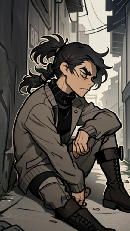 (detailed), (((normal guy))), (Arabic characteristics), ((gray wool jacket)), ((pelo negro rizado ponytail hairstyle)), ((ponytail hairstyle)), (calm face), ((by the width)), ((Brown boots)), (((whole body))), ((in a dark alley sitting on the ground)), ((male)), (gray turtleneck sweater), ((only one person)), (at night), seen in profile