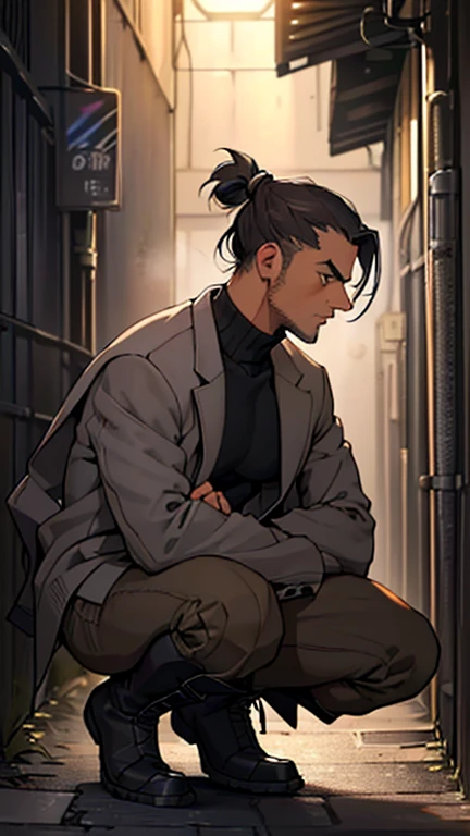 (detailed), (((normal guy))), (Arabic characteristics), ((gray wool jacket)), ((pelo negro rizado ponytail hairstyle)), ((ponytail hairstyle)), (calm face), ((by the width)), ((Brown boots)), (((whole body))), ((in a dark alley crouching)), ((male)), (gray turtleneck sweater), ((only one person)), (at night), seen in profile